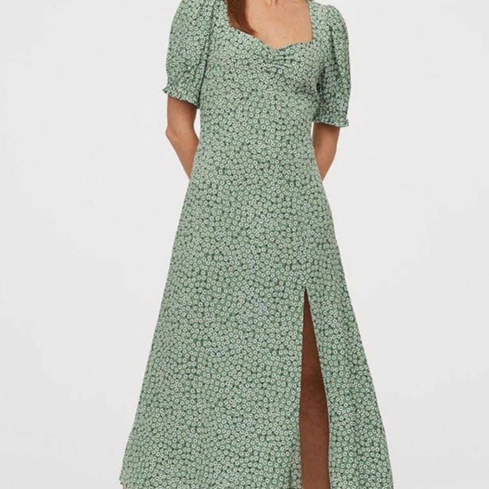 Green/white floral, midi dress with ruched sleeves and sexy slit